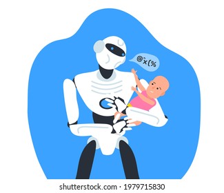 robot humanoid holding baby in hands artificial intelligence babysitter technology vector illustration
