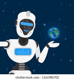 robot humanoid holding earth planet in hands. conquer the world concept