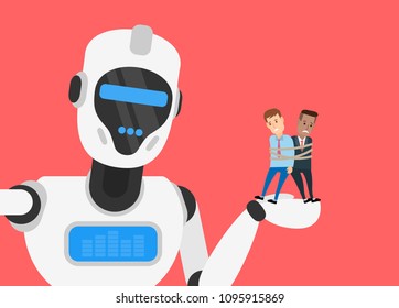 robot humanoid holding on hand businessmen tied with rope