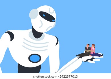robot humanoide sujetando a un hombre de negocios y a una mujer de negocios atados con ilustración vectorial de cuerda