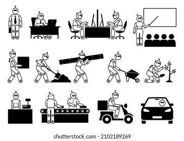 Robot humanoid industrial cyborg worker working in different industries. Vector illustrations of robot businessman, teacher, industrial worker, cashier, factory worker, transport driver, and rider. 