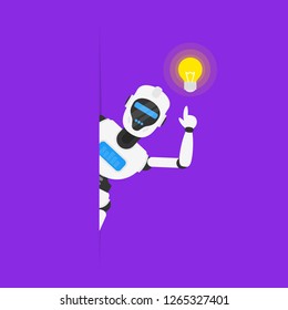 robot humanoid look out the corner with light bulb over the head