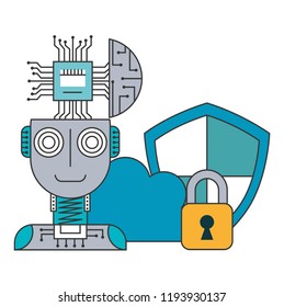 robot humanoid with microchip and set icons