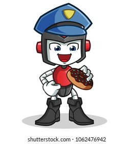 robot humanoid police eat donut mascot vector cartoon illustration