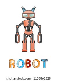 Robot humanoid realistic poster and headline. Robotic creature designed by people. Intelligent cyborg with antenna and long hands vector illustration