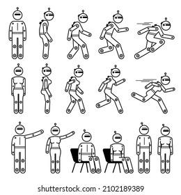 Robot humanoid robotic cyborg human male and female basic poses and actions. Vector illustrations of robot humanoid man and woman character standing, walking, running, talking, sitting, and standing.