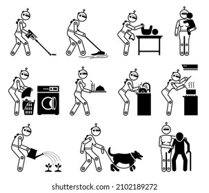 Robot humanoid robotic house helper maid housework caretaker cyborg working chores. Vector illustrations of robot human cleaning, babysit, cooking, washing, taking care of baby, elderly, and pet dog.