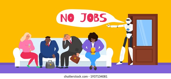 robot humanoid says no jobs  sitting business people  in office unemployment jobless concept