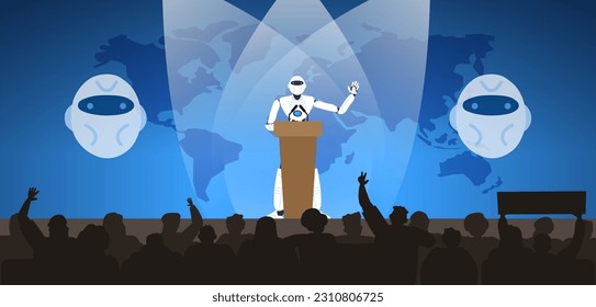 robot humanoid speaking at the podium public conference meeting with people audience vector illustration 