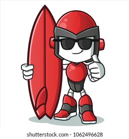 robot humanoid surfing vector cartoon illustration