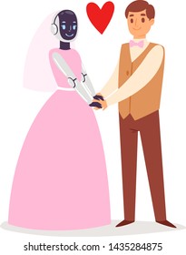 Robot humanoid wedding marriage bride and groom people vector futuristic robotic cartoon characters cybernetic cyber life technology illustration set of robotically person isolated on white background