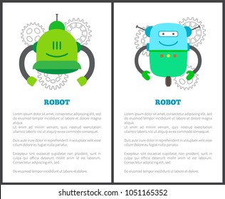 Robot humanoids collection poster with text samples and headlines, robots and icons of gears, set vector illustration isolated on white background