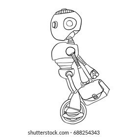 The robot hurries to work with a bag in his hand. Vector image