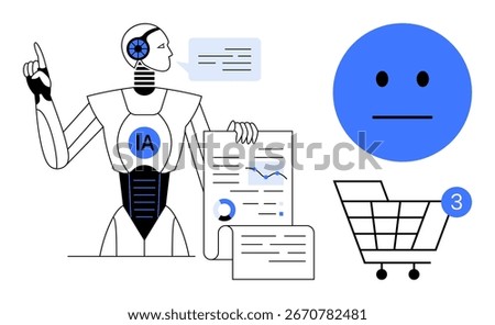 Robot with IA on chest and data in hand, chat bubble, emotionless blue face, shopping cart with notification. Ideal for technology, AI, data analysis, e-commerce, chatbots emotion recognition