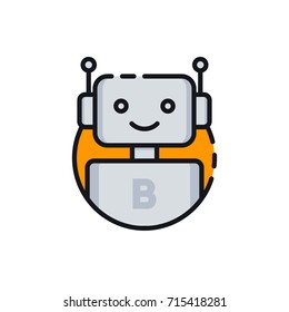 Robot icon. Chatbot icon. Cute smiling bot. Outline robot sign in blue circle. Vector flat line cartoon illustration isolated on white background. Voice support service bot. Virtual online support