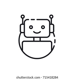 Robot icon. Chatbot icon. Cute smiling bot. Outline robot sign in blue circle. Vector flat line cartoon illustration isolated on white background. Voice support service bot. Virtual online support