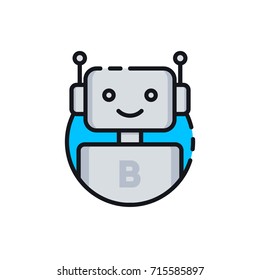 Robot icon. Chatbot icon. Cute smiling bot. Outline robot sign in blue circle. Vector flat line cartoon illustration isolated on white background. Voice support service bot. Virtual online support