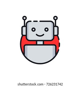 Robot icon. Chatbot icon. Cute smiling bot. Outline robot sign in blue circle. Vector flat line cartoon illustration isolated on white background. Voice support service bot. Virtual online support