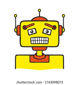 Icono de robot. Vista frontal. Ilustración gráfica plana vectorial dibujada a mano. Objeto aislado sobre un fondo blanco. Aislar.