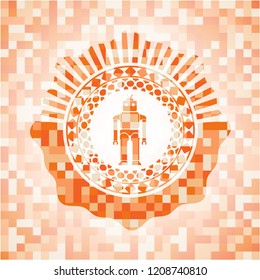 robot icon inside abstract emblem, orange mosaic background