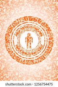 robot icon inside abstract emblem, orange mosaic background