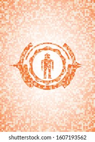 robot icon inside abstract emblem, orange mosaic background