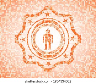 robot icon inside abstract orange mosaic emblem with background. 