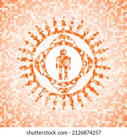 robot icon inside abstract orange mosaic emblem. 