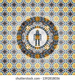 robot icon inside arabesque badge background. arabic decoration.