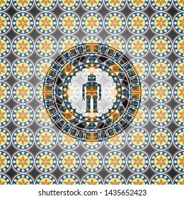 robot icon inside arabesque badge. arabic decoration.