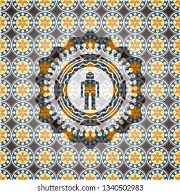 robot icon inside arabesque emblem background. arabic decoration.