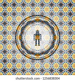 robot icon inside arabic badge. Arabesque decoration.
