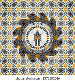 robot icon inside arabic badge. Arabesque decoration.