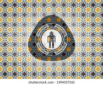 robot icon inside arabic badge background. Arabesque decoration.