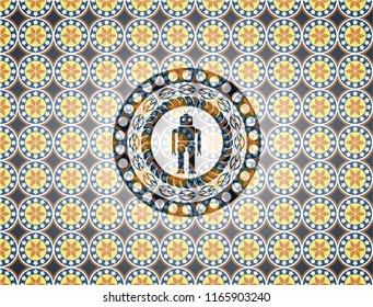 robot icon inside arabic style badge. Arabesque decoration.