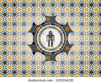 robot icon inside arabic style badge. Arabesque decoration.