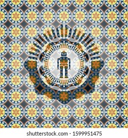 robot icon inside arabic style emblem. Arabesque decoration.