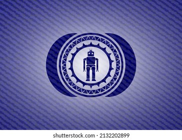 Robotersymbol im Inneren des Badges mit denim Hintergrund. 