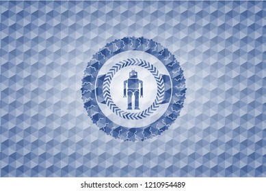 robot icon inside blue badge with geometric pattern background.