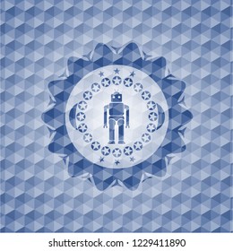 robot icon inside blue badge with geometric background.