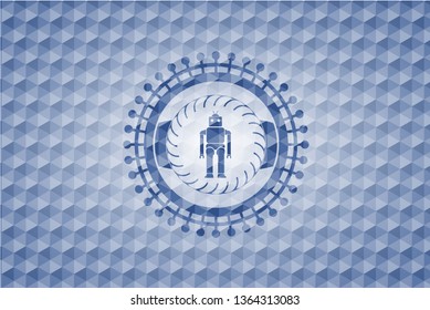 robot icon inside blue badge with geometric background.