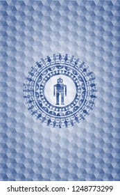 robot icon inside blue emblem with geometric background.