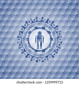 robot icon inside blue emblem with geometric pattern.