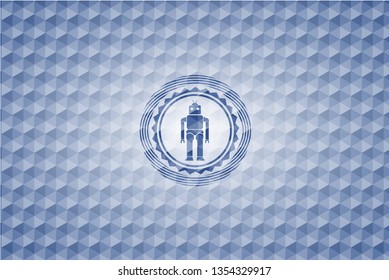 robot icon inside blue emblem or badge with abstract geometric polygonal pattern background.