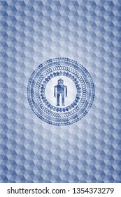 robot icon inside blue emblem with geometric background.