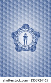 robot icon inside blue emblem or badge with abstract geometric pattern background.