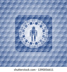 robot icon inside blue emblem with geometric pattern background.