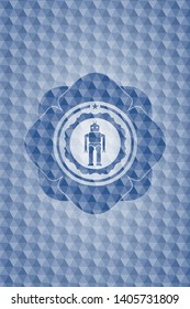 robot icon inside blue emblem with geometric background.