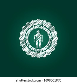 robot icon inside chalkboard emblem on black board