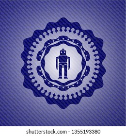 robot icon inside emblem with denim texture
